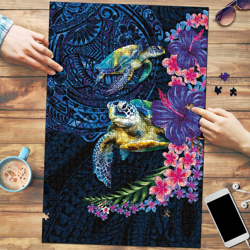Hawaiian Plumeria and Hibiscus with Turtles Puzzle Polynesian Art Dark Cyan Color LT03 Dark Cyan - Polynesian Pride
