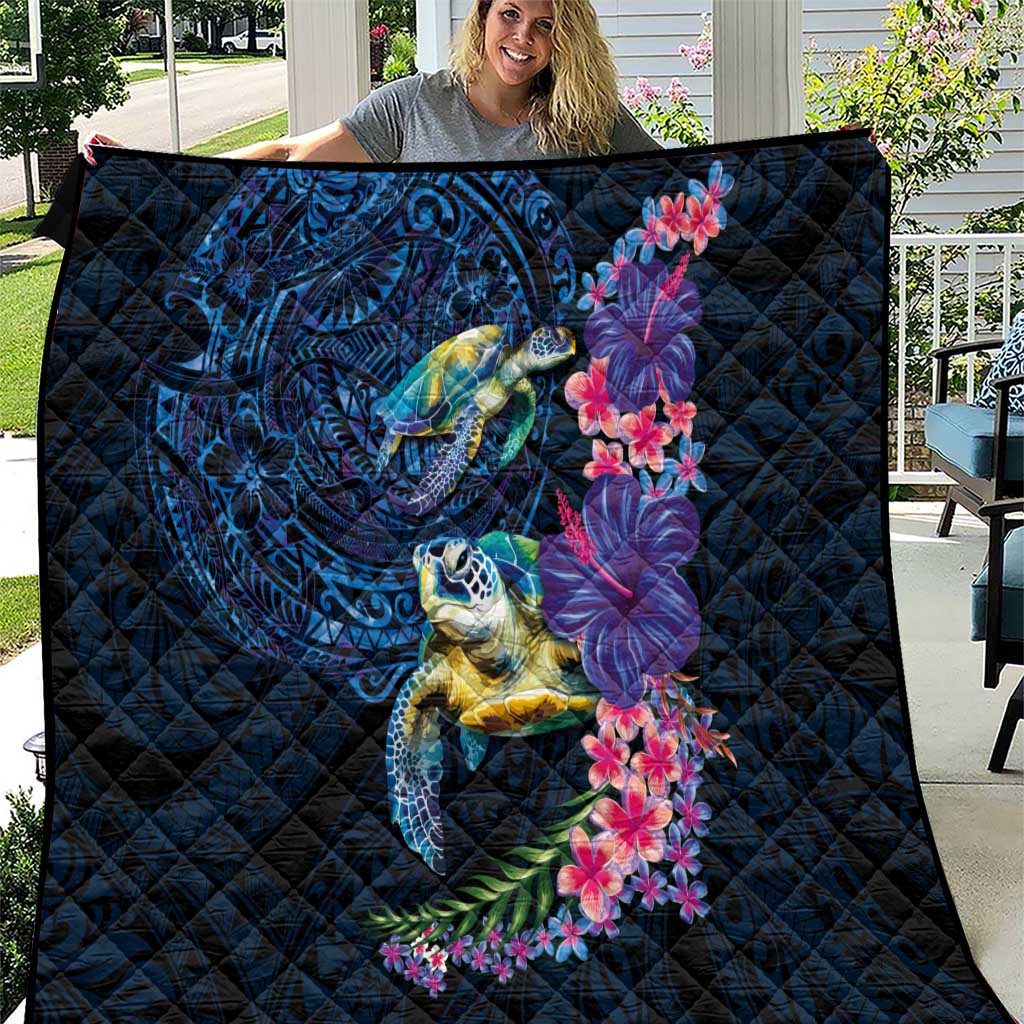 Hawaiian Plumeria and Hibiscus with Turtles Quilt Polynesian Art Dark Cyan Color LT03 Dark Cyan - Polynesian Pride