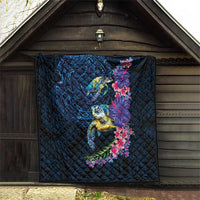 Hawaiian Plumeria and Hibiscus with Turtles Quilt Polynesian Art Dark Cyan Color - Polynesian Pride