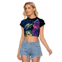 Hawaiian Plumeria and Hibiscus with Turtles Raglan Cropped T Shirt Polynesian Art Dark Cyan Color - Polynesian Pride