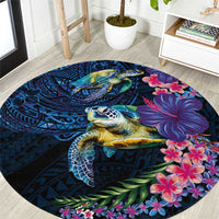 Hawaiian Plumeria and Hibiscus with Turtles Round Carpet Polynesian Art Dark Cyan Color - Polynesian Pride