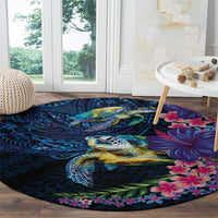Hawaiian Plumeria and Hibiscus with Turtles Round Carpet Polynesian Art Dark Cyan Color - Polynesian Pride