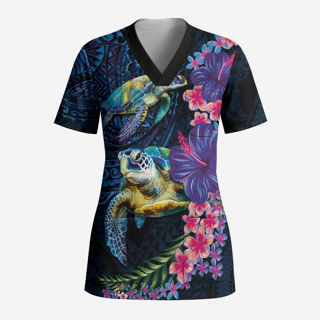 Hawaiian Plumeria and Hibiscus with Turtles Scrub Top Polynesian Art Dark Cyan Color LT03 Adult Dark Cyan - Polynesian Pride