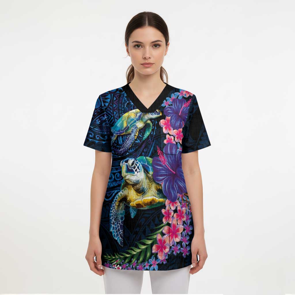 Hawaiian Plumeria and Hibiscus with Turtles Scrub Top Polynesian Art Dark Cyan Color - Polynesian Pride