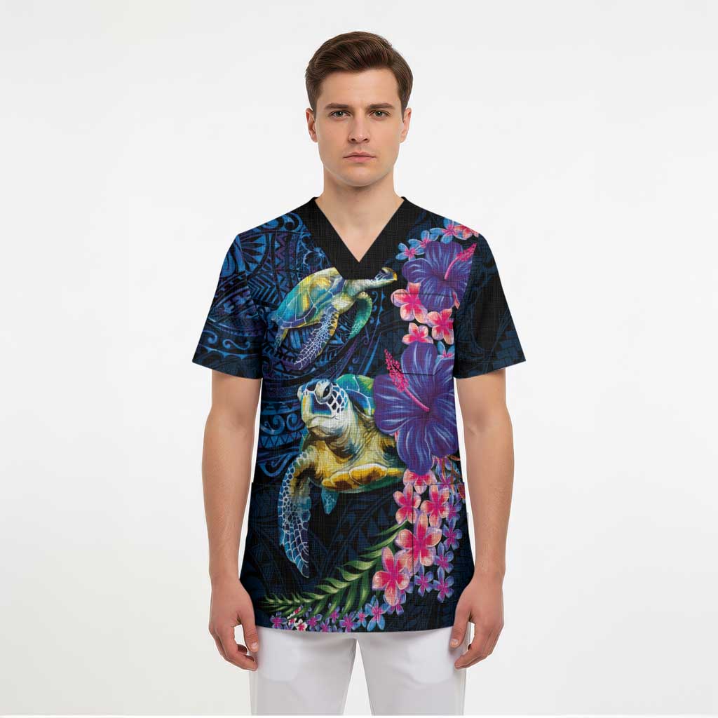 Hawaiian Plumeria and Hibiscus with Turtles Scrub Top Polynesian Art Dark Cyan Color - Polynesian Pride