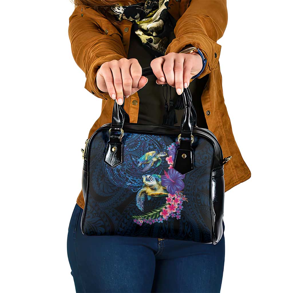 Hawaiian Plumeria and Hibiscus with Turtles Shoulder Handbag Polynesian Art Dark Cyan Color LT03 One Size Dark Cyan - Polynesian Pride