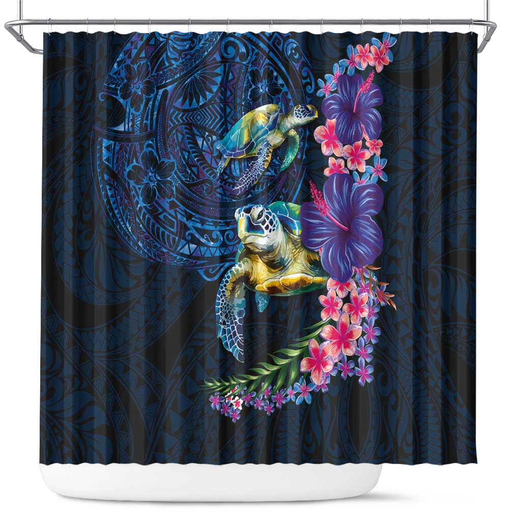 Hawaiian Plumeria and Hibiscus with Turtles Shower Curtain Polynesian Art Dark Cyan Color LT03 Dark Cyan - Polynesian Pride