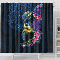 Hawaiian Plumeria and Hibiscus with Turtles Shower Curtain Polynesian Art Dark Cyan Color - Polynesian Pride