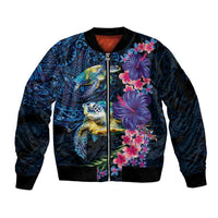 Hawaiian Plumeria and Hibiscus with Turtles Sleeve Zip Bomber Jacket Polynesian Art Dark Cyan Color - Polynesian Pride