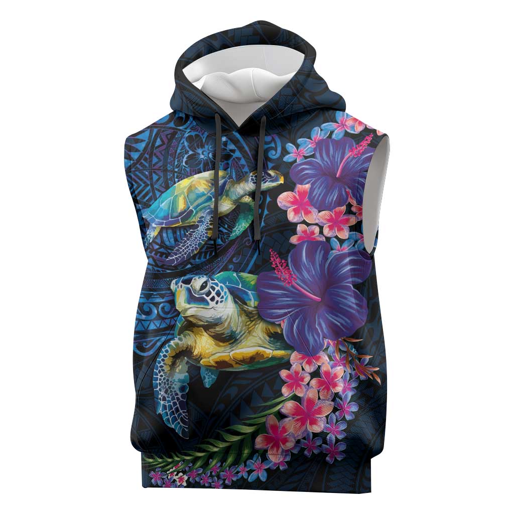 Hawaiian Plumeria and Hibiscus with Turtles Sleeveless Hoodie Polynesian Art Dark Cyan Color LT03 Dark Cyan - Polynesian Pride