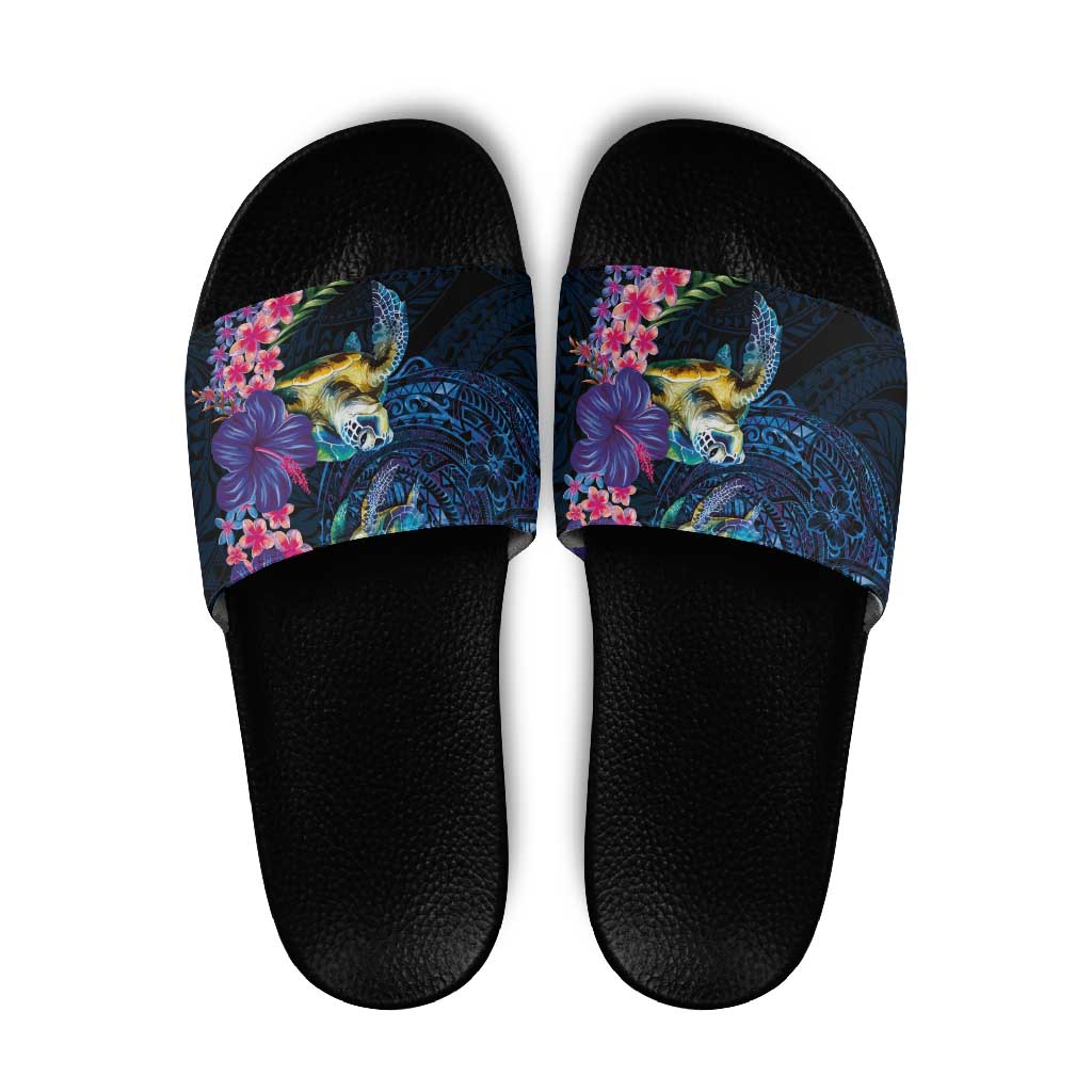 Hawaiian Plumeria and Hibiscus with Turtles Slide Sandals Polynesian Art Dark Cyan Color LT03 Dark Cyan - Polynesian Pride