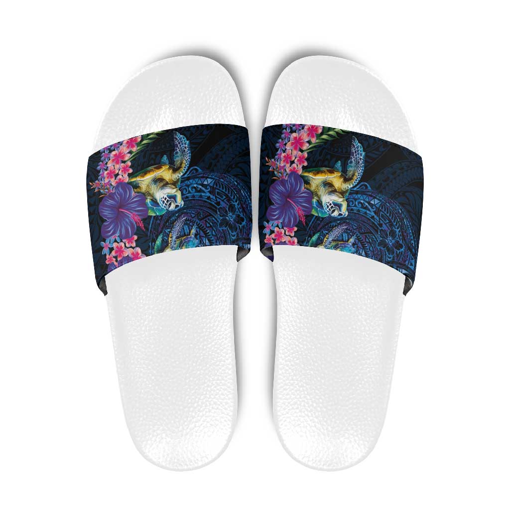 Hawaiian Plumeria and Hibiscus with Turtles Slide Sandals Polynesian Art Dark Cyan Color - Polynesian Pride