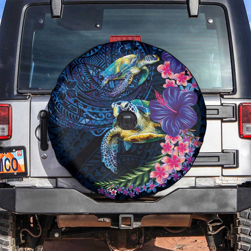 Hawaiian Plumeria and Hibiscus with Turtles Spare Tire Cover Polynesian Art Dark Cyan Color - Polynesian Pride