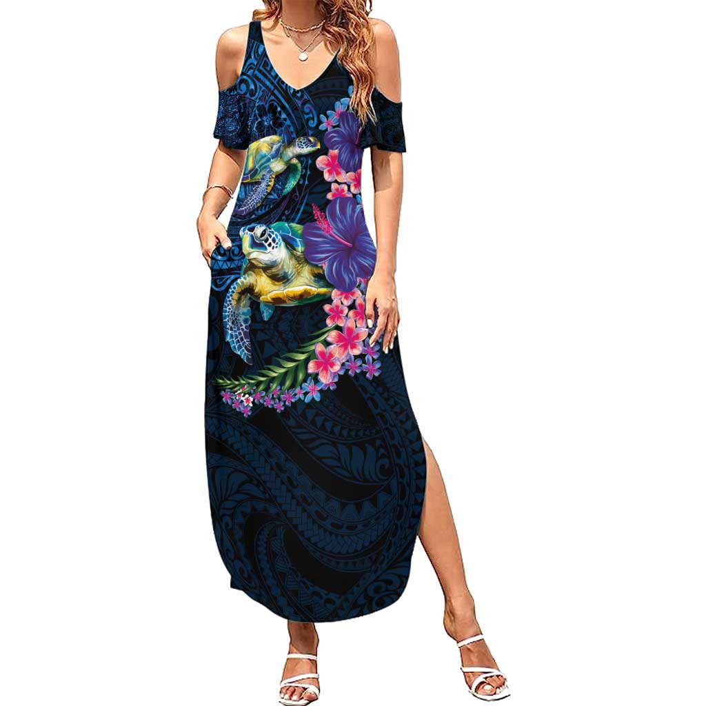 Hawaiian Plumeria and Hibiscus with Turtles Summer Maxi Dress Polynesian Art Dark Cyan Color - Polynesian Pride