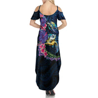 Hawaiian Plumeria and Hibiscus with Turtles Summer Maxi Dress Polynesian Art Dark Cyan Color - Polynesian Pride