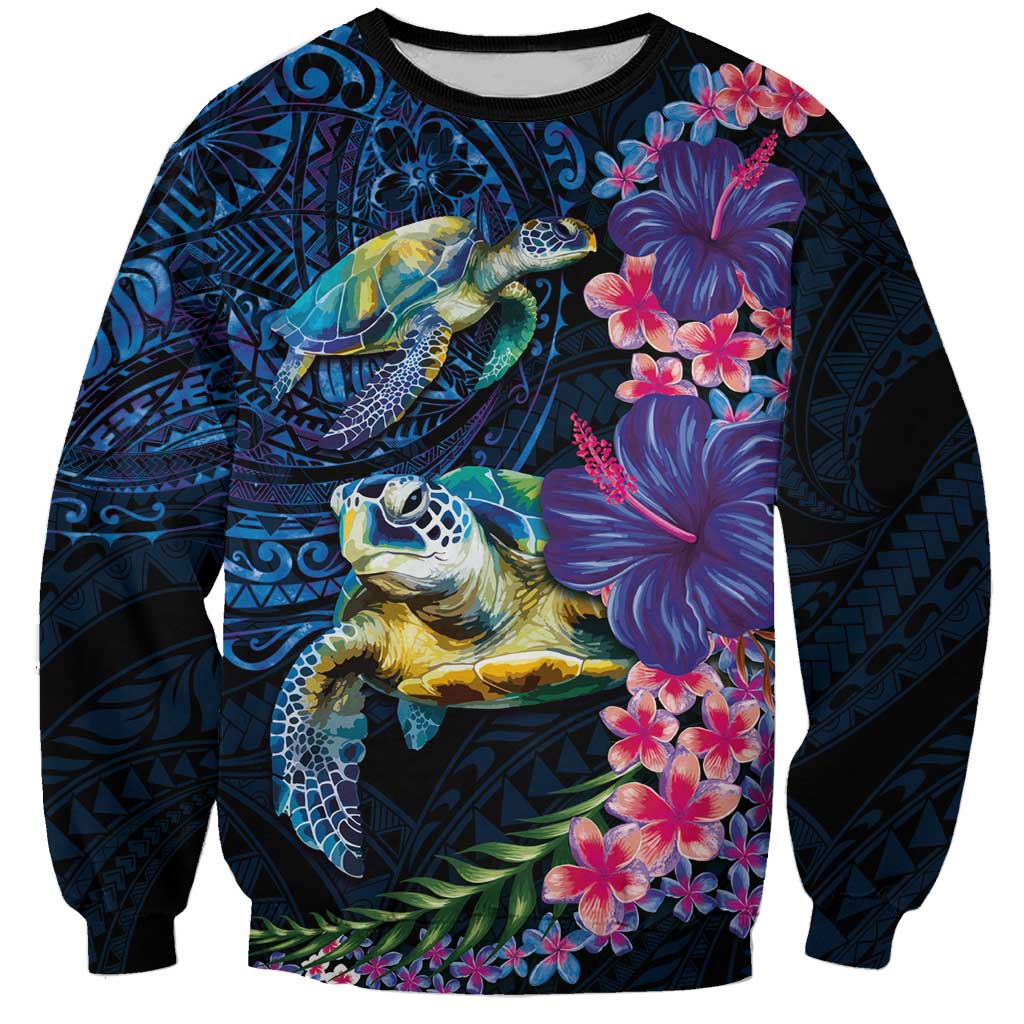 Hawaiian Plumeria and Hibiscus with Turtles Sweatshirt Polynesian Art Dark Cyan Color - Polynesian Pride