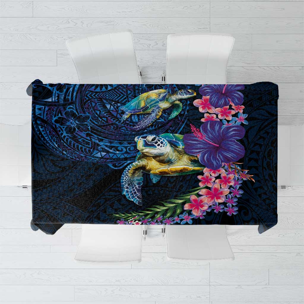 Hawaiian Plumeria and Hibiscus with Turtles Tablecloth Polynesian Art Dark Cyan Color - Polynesian Pride