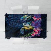 Hawaiian Plumeria and Hibiscus with Turtles Tablecloth Polynesian Art Dark Cyan Color - Polynesian Pride