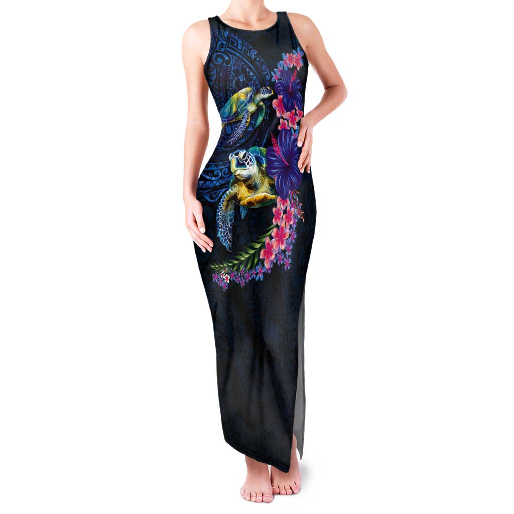Hawaiian Plumeria and Hibiscus with Turtles Tank Maxi Dress Polynesian Art Dark Cyan Color - Polynesian Pride