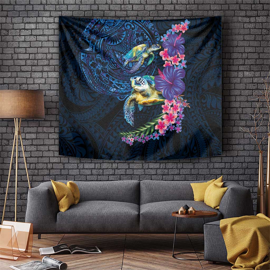 Hawaiian Plumeria and Hibiscus with Turtles Tapestry Polynesian Art Dark Cyan Color LT03 Dark Cyan - Polynesian Pride