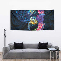 Hawaiian Plumeria and Hibiscus with Turtles Tapestry Polynesian Art Dark Cyan Color - Polynesian Pride