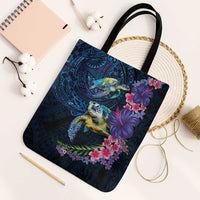 Hawaiian Plumeria and Hibiscus with Turtles Tote Bag Polynesian Art Dark Cyan Color - Polynesian Pride