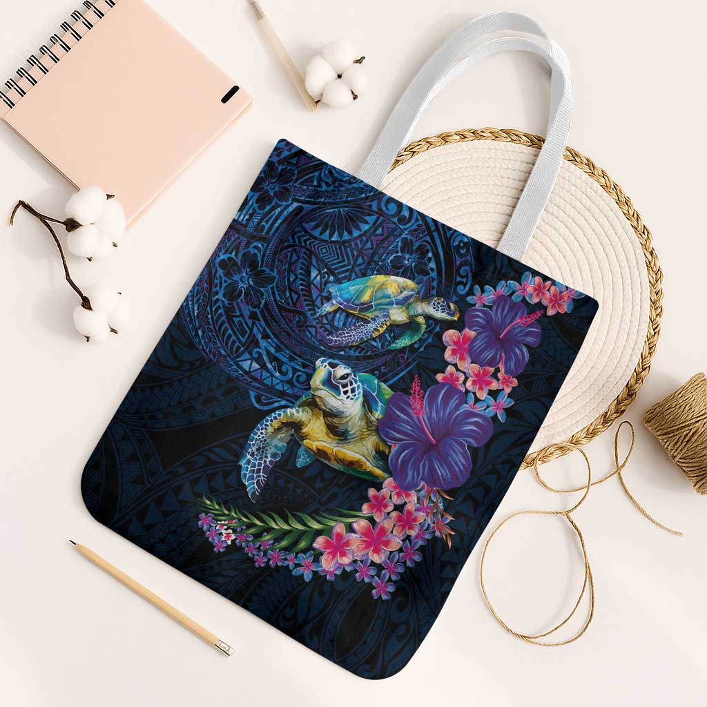 Hawaiian Plumeria and Hibiscus with Turtles Tote Bag Polynesian Art Dark Cyan Color - Polynesian Pride