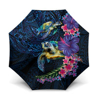 Hawaiian Plumeria and Hibiscus with Turtles Umbrella Polynesian Art Dark Cyan Color - Polynesian Pride