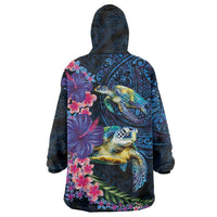 Hawaiian Plumeria and Hibiscus with Turtles Wearable Blanket Hoodie Polynesian Art Dark Cyan Color - Polynesian Pride