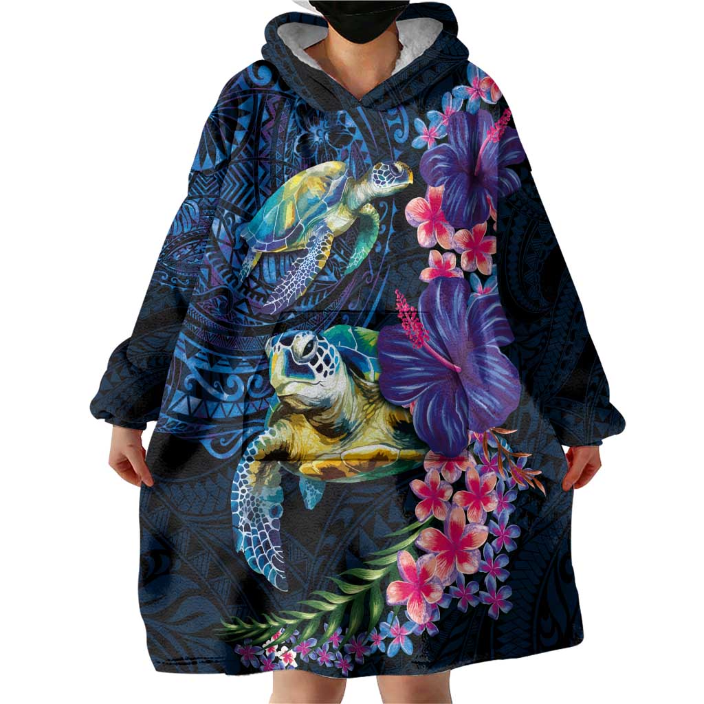 Hawaiian Plumeria and Hibiscus with Turtles Wearable Blanket Hoodie Polynesian Art Dark Cyan Color - Polynesian Pride