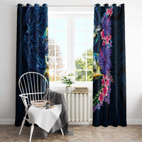 Hawaiian Plumeria and Hibiscus with Turtles Window Curtain Polynesian Art Dark Cyan Color - Polynesian Pride