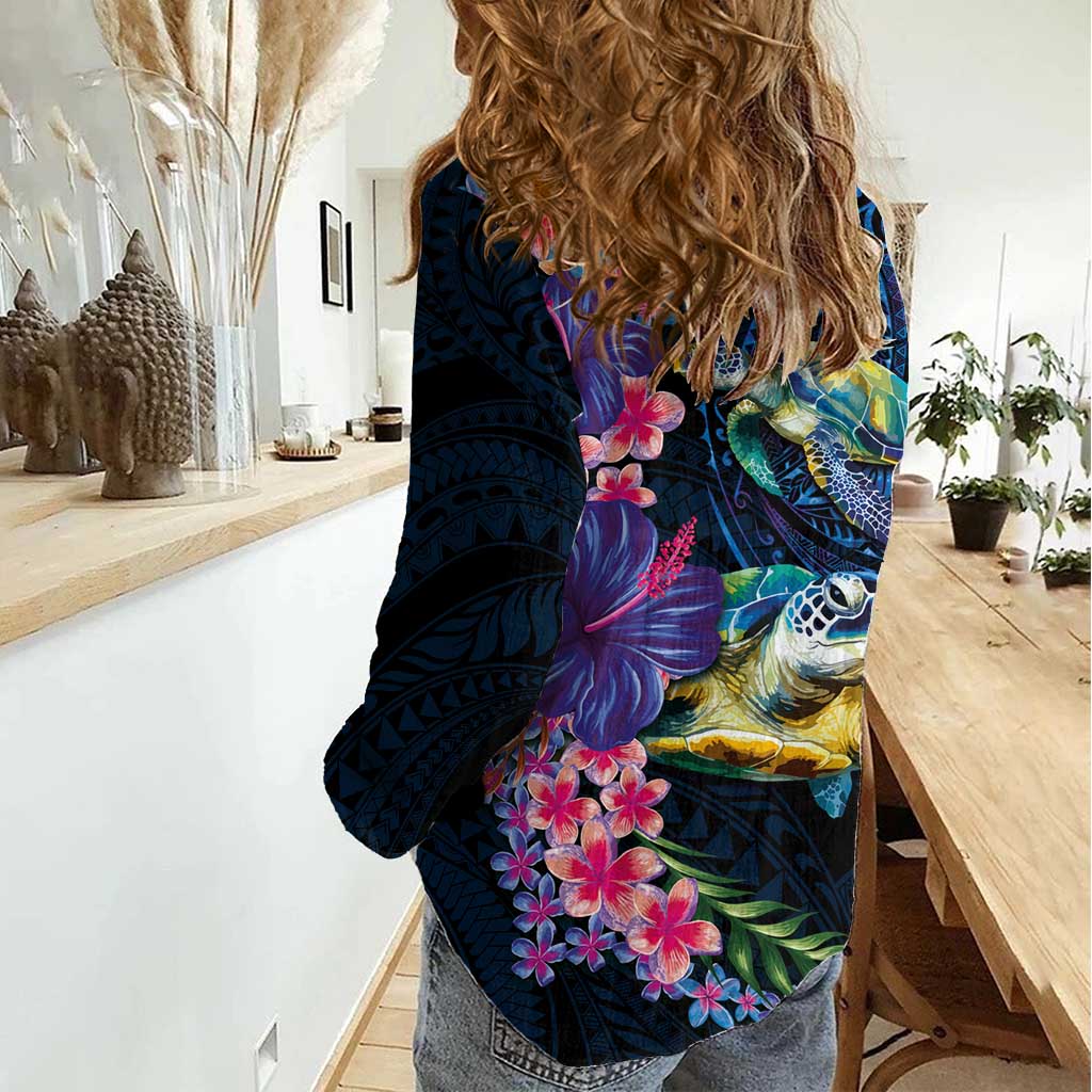 Hawaiian Plumeria and Hibiscus with Turtles Women Casual Shirt Polynesian Art Dark Cyan Color - Polynesian Pride