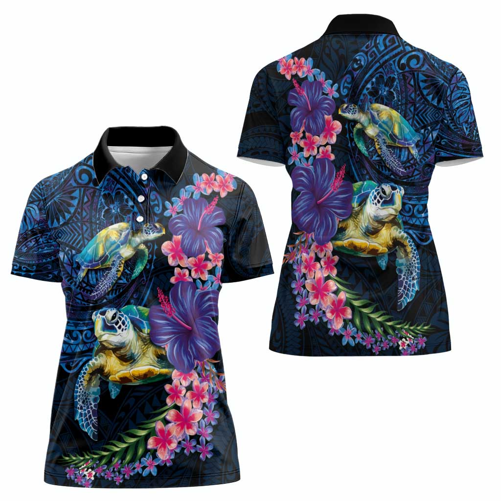 Hawaiian Plumeria and Hibiscus with Turtles Women Polo Shirt Polynesian Art Dark Cyan Color - Polynesian Pride
