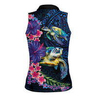 Hawaiian Plumeria and Hibiscus with Turtles Women Sleeveless Polo Shirt Polynesian Art Dark Cyan Color - Polynesian Pride