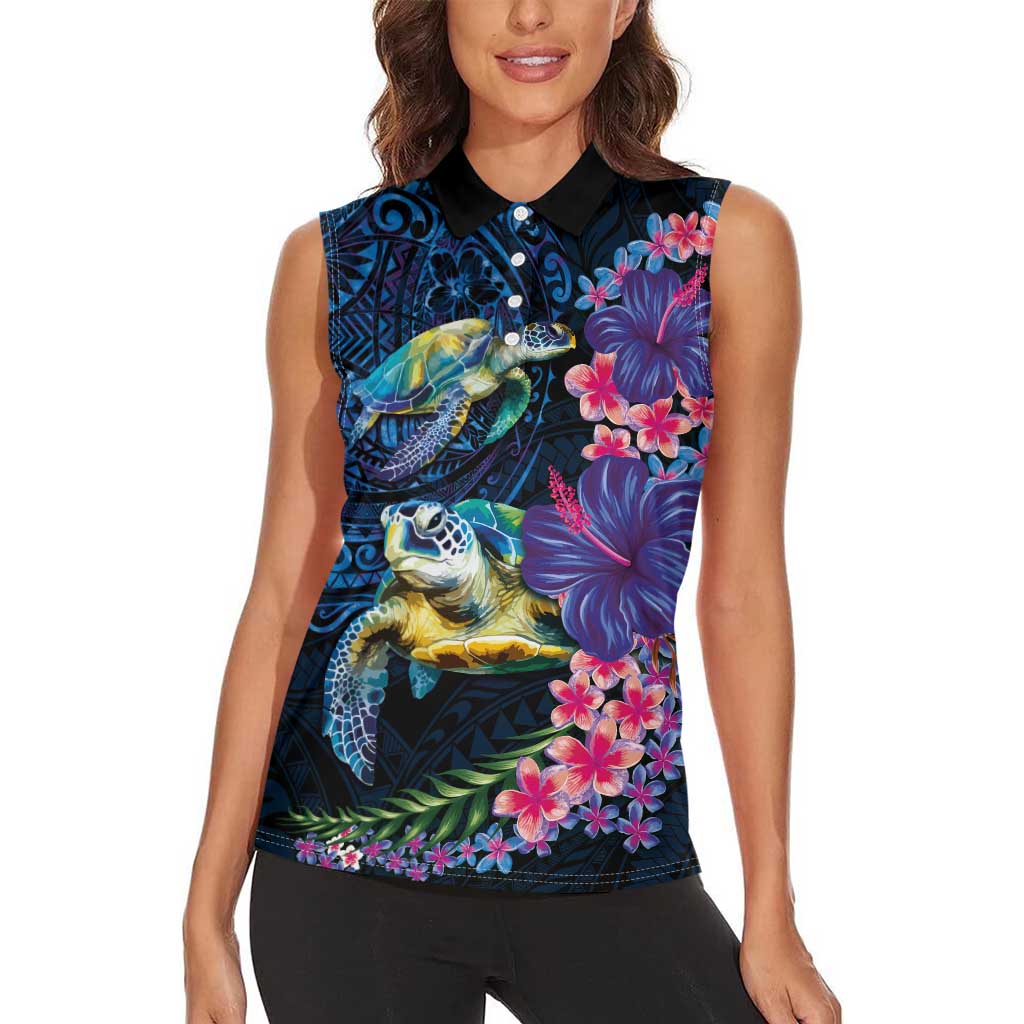 Hawaiian Plumeria and Hibiscus with Turtles Women Sleeveless Polo Shirt Polynesian Art Dark Cyan Color - Polynesian Pride