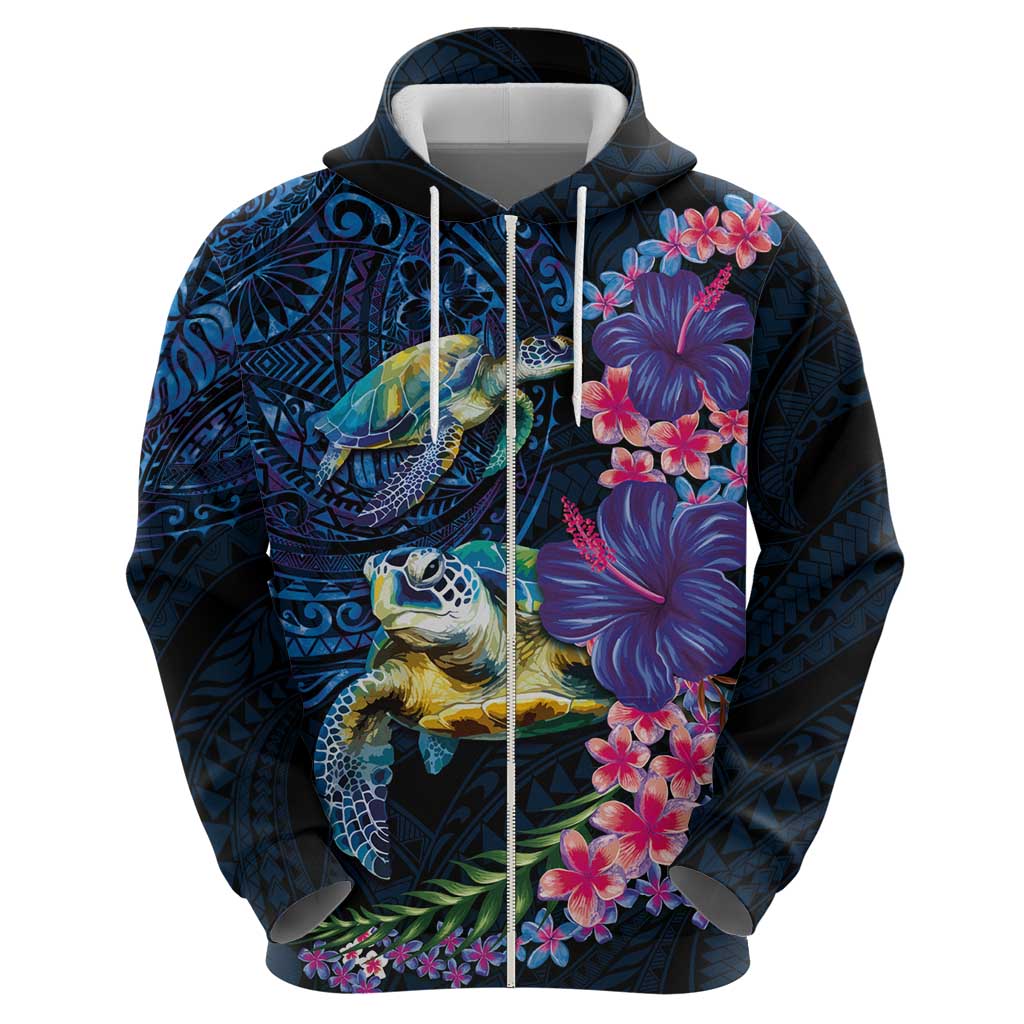 Hawaiian Plumeria and Hibiscus with Turtles Zip Hoodie Polynesian Art Dark Cyan Color - Polynesian Pride