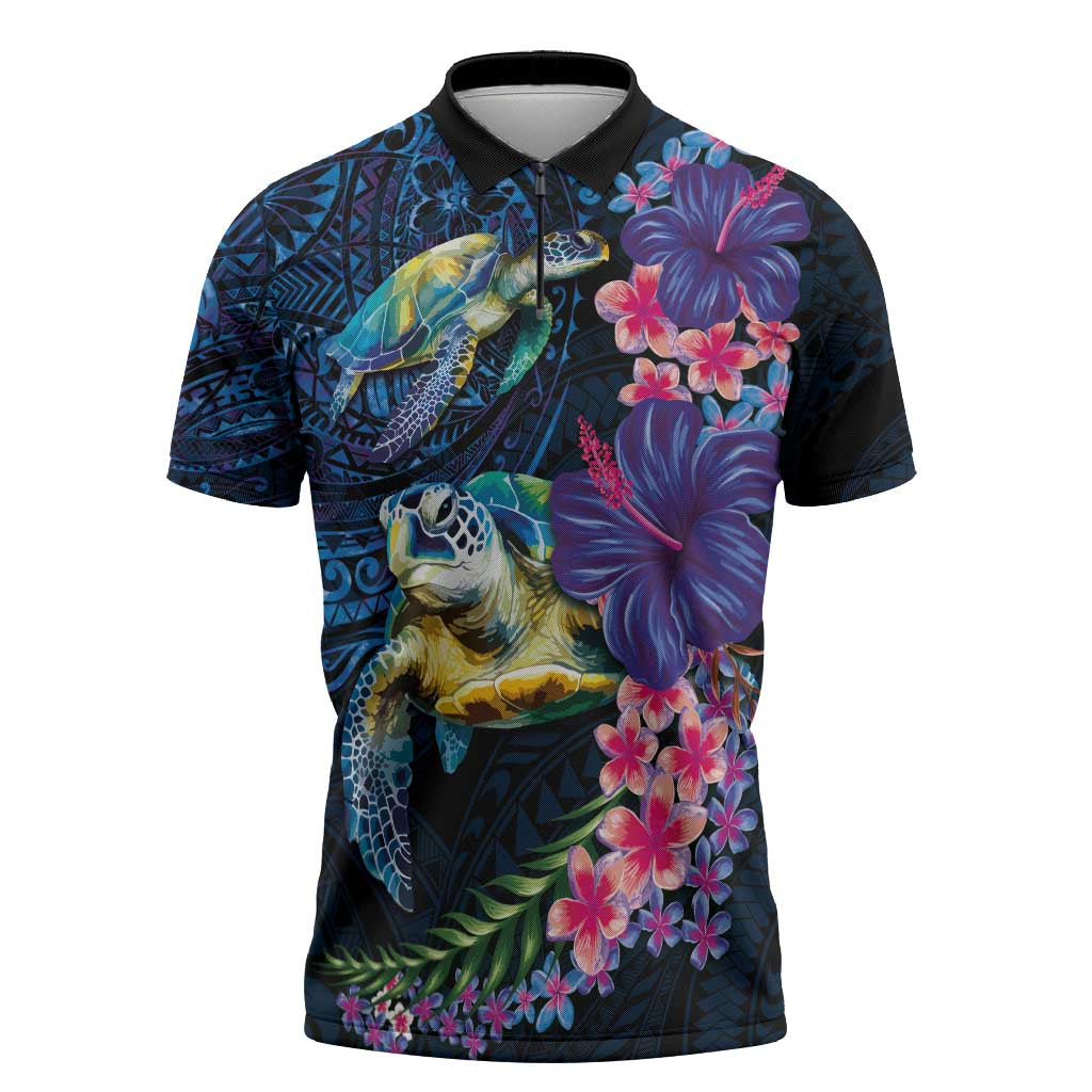 Hawaiian Plumeria and Hibiscus with Turtles Zipper Polo Shirt Polynesian Art Dark Cyan Color - Polynesian Pride
