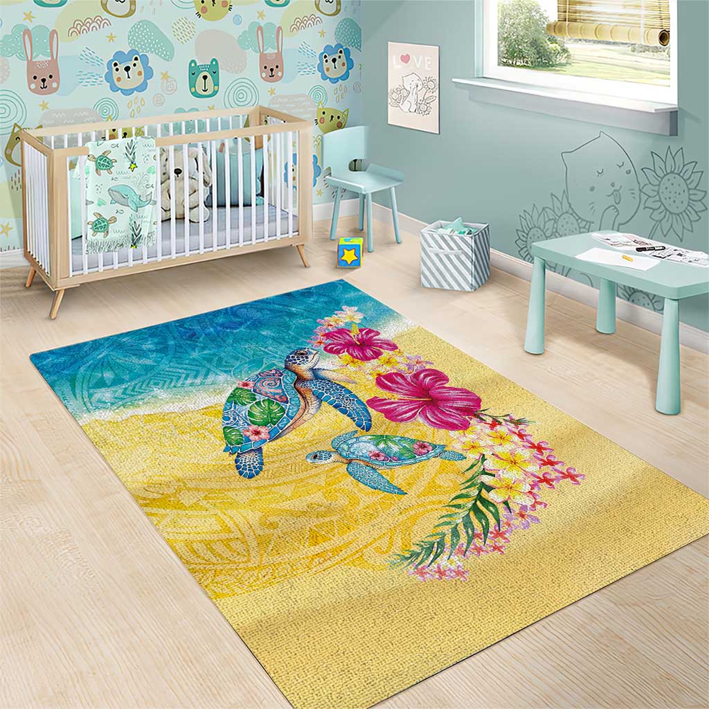 Hawaiian Tropical Plants Turtles Area Rug Watercolor Style - Polynesian Pride