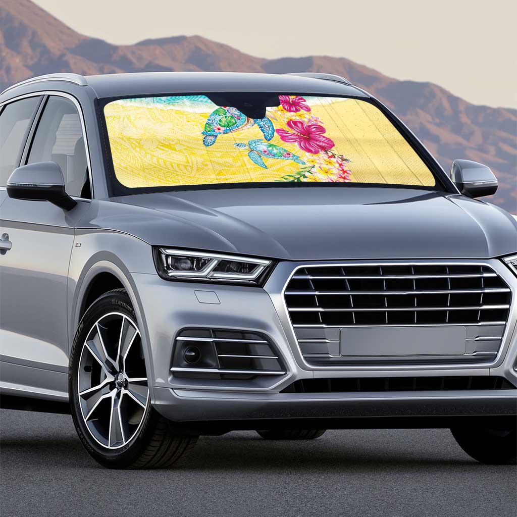 Hawaiian Tropical Plants Turtles Auto Sun Shade Watercolor Style - Polynesian Pride