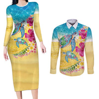 Hawaiian Tropical Plants Turtles Couples Matching Long Sleeve Bodycon Dress and Long Sleeve Button Shirt Watercolor Style - Polynesian Pride