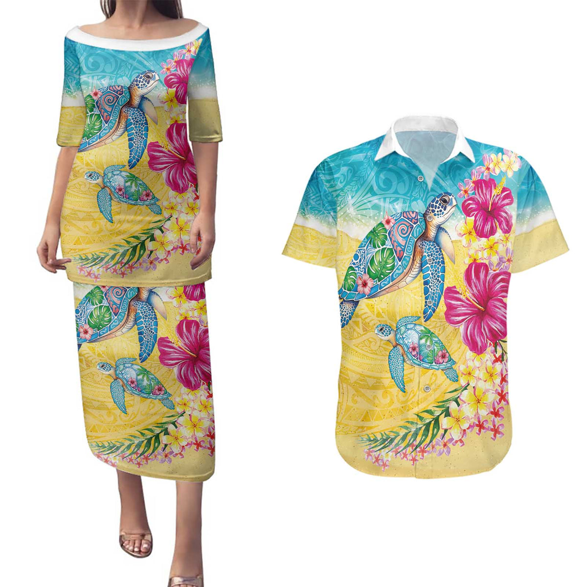 Hawaiian Tropical Plants Turtles Couples Matching Puletasi and Hawaiian Shirt Watercolor Style - Polynesian Pride