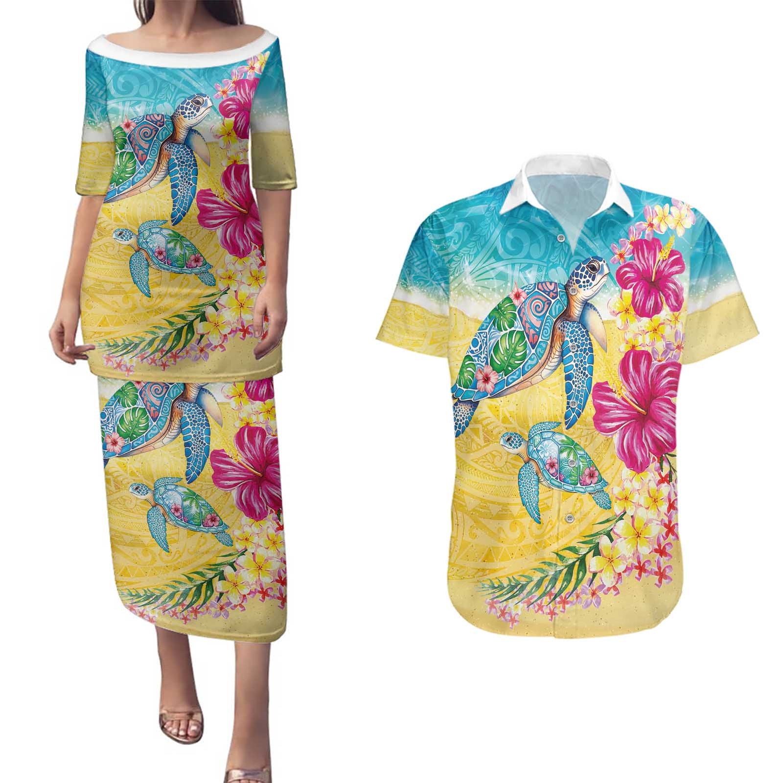 Hawaiian Tropical Plants Turtles Couples Matching Puletasi and Hawaiian Shirt Watercolor Style - Polynesian Pride