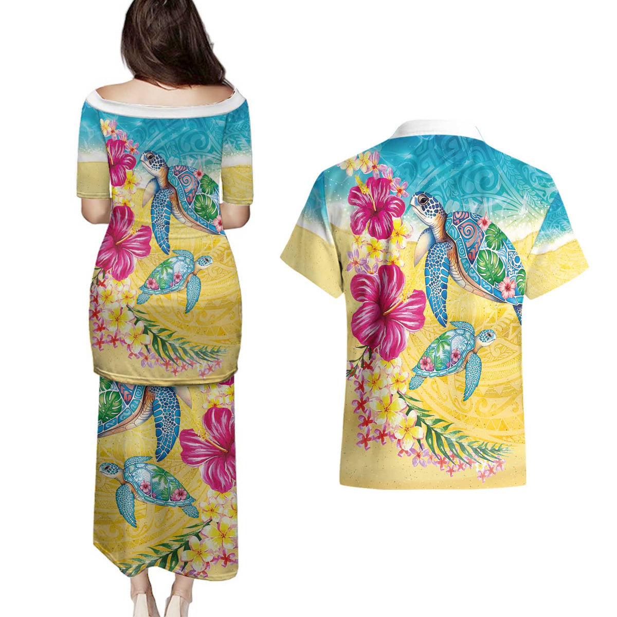 Hawaiian Tropical Plants Turtles Couples Matching Puletasi and Hawaiian Shirt Watercolor Style - Polynesian Pride