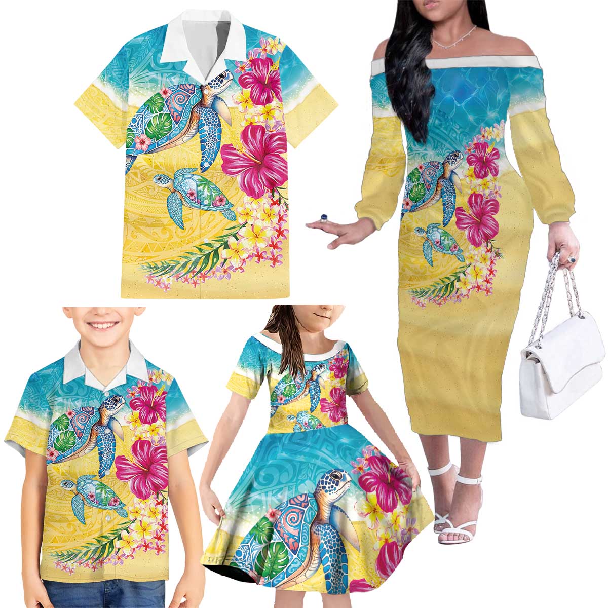Hawaiian Tropical Plants Turtles Family Matching Off The Shoulder Long Sleeve Dress and Hawaiian Shirt Watercolor Style - Polynesian Pride