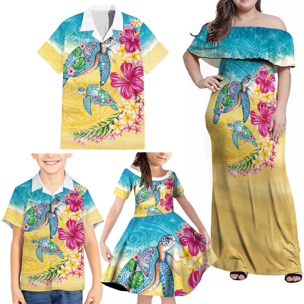 Hawaiian Tropical Plants Turtles Family Matching Off Shoulder Maxi Dress and Hawaiian Shirt Watercolor Style - Polynesian Pride