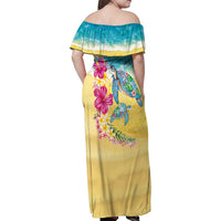 Hawaiian Tropical Plants Turtles Family Matching Off Shoulder Maxi Dress and Hawaiian Shirt Watercolor Style - Polynesian Pride