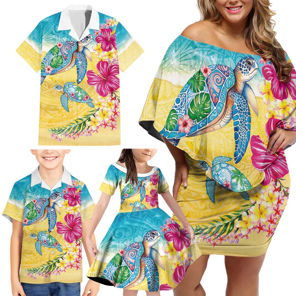Hawaiian Tropical Plants Turtles Family Matching Off Shoulder Short Dress and Hawaiian Shirt Watercolor Style - Polynesian Pride