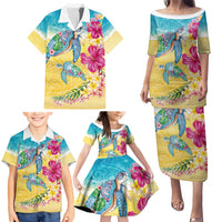 Hawaiian Tropical Plants Turtles Family Matching Puletasi and Hawaiian Shirt Watercolor Style - Polynesian Pride