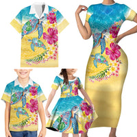 Hawaiian Tropical Plants Turtles Family Matching Short Sleeve Bodycon Dress and Hawaiian Shirt Watercolor Style - Polynesian Pride