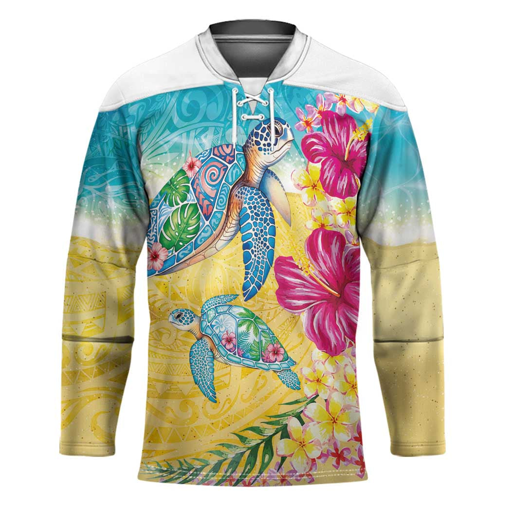 Hawaiian Tropical Plants Turtles Hockey Jersey Watercolor Style - Polynesian Pride